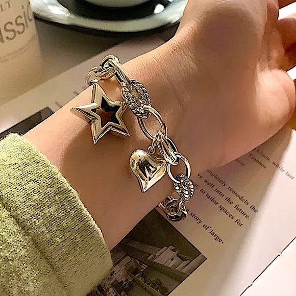 Sterling Silver Heart Star Charm Chain Link Bracelet - Picture 4 of 7